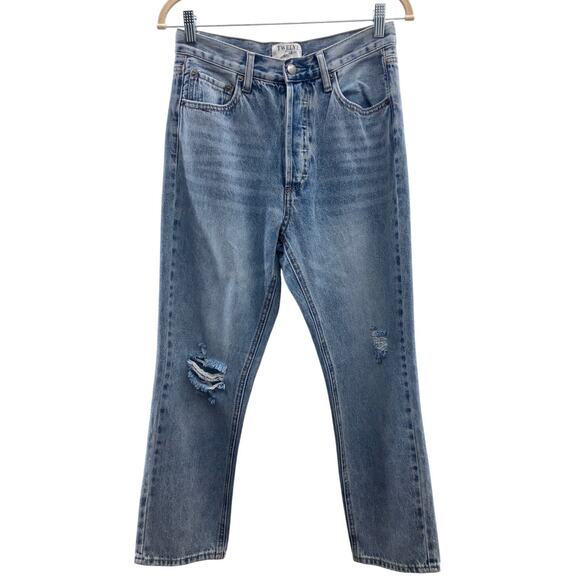 Twelve By Ontwelfth Medium Wash Blue Button Fly Distressed Boyfriend Denim Jean - Picture 1 of 7